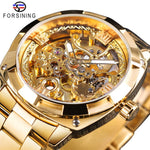 Forsining Fashion Transparent Retro Men&#39;s Automatic Mechanical Watch Top Brand Luxury Full Golden Luminous Hands Skeleton Clock