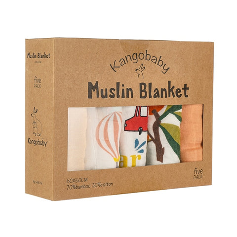 Kangobaby 5 Pieces Pack Multi-Functional Bamboo Cotton Muslin Blanket Baby Burp Cloth Set