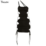 Yiallen Summer Black Sexy Hollow Out Lace Up Sling Slim Dress Women Fashion Sleeveless Clothing Lady Solid Mini Dresses
