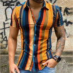 Plus Size 3xl Men Elegant Shirt Blouses 2021 Summer Model Stripes Tops Short Sleeve Casual Male Shirt blusas Sexy Mens Clothing