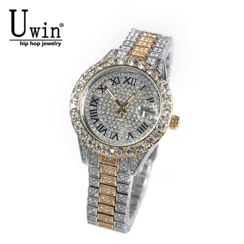 Uwin Small Dial Women&#39;s Watch Baby Pink Iced Out Quartz Clock Luxury Rhinestone Waterproof Wrist Watch Small Size For Women