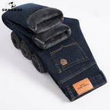 SHAN BAO 2021 Winter Brand Fit Straight Fleece Thick Warm Jeans Classic Badge Youth Men&#39;s Business Casual High waist Denim Jeans