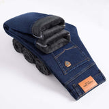SHAN BAO 2021 Winter Brand Fit Straight Fleece Thick Warm Jeans Classic Badge Youth Men&#39;s Business Casual High waist Denim Jeans