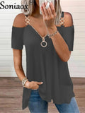 Zipper V Neck Off Shoulder Short Sleeve Shirt Women&#39;s Sexy Summer Casual T Shirt Fashion Loose Plus Size Pullover Sling Tops