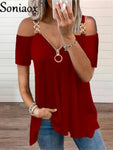 Zipper V Neck Off Shoulder Short Sleeve Shirt Women&#39;s Sexy Summer Casual T Shirt Fashion Loose Plus Size Pullover Sling Tops