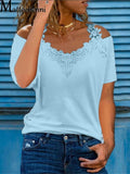 2021 Summer Short Sleeve Sexy Lace Shirt Women Casual V Neck Loose T Shirt Ladies Plus Size Hollow Sling Elegant Pullover Tops