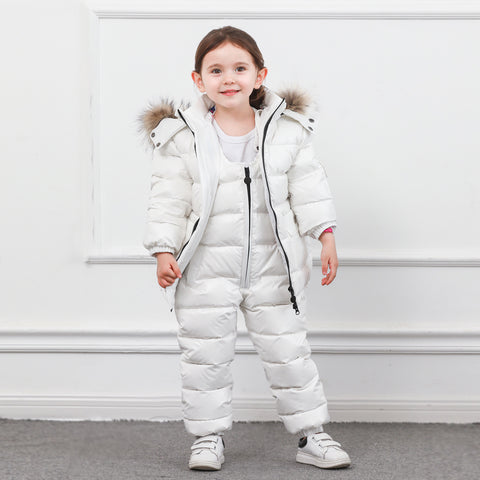 Russian winter children&#39;s down jacket girls thick white duck down jacket 2-5 years old boys big fur collar down jacket and pants