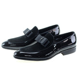 Handmade Genuine Patent Leather And Nubuck Leather Patchwork With Bow Tie Men Wedding Black Dress Shoes Men&#39;s Banquet Loafers