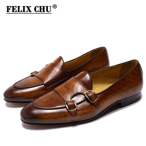 FELIX CHU Genuine Leather Mens Loafer Shoes Handmade Monk Strap Wedding Party Casual Dress Shoes Black Brown Footwear for Men