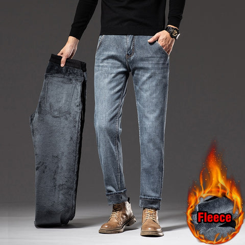 Winter New Men Fleece Warm Jeans Classic Style Business Casual Regular Fit Thicken Stretch Denim Pants Male Brand Trousers