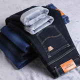 Winter New Men Fleece Warm Jeans Classic Style Business Casual Regular Fit Thicken Stretch Denim Pants Male Brand Trousers