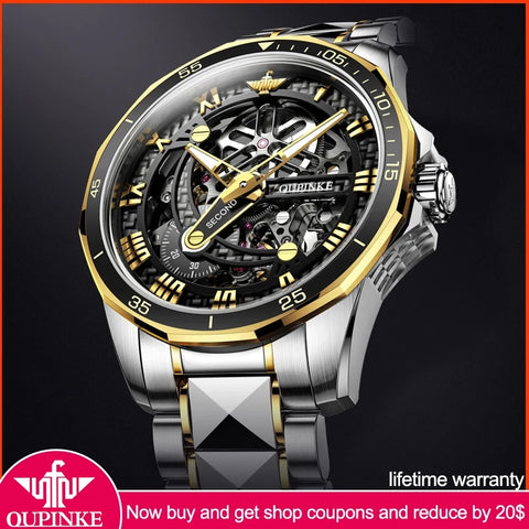 Fashion Leader Brand OUPINKE Luxury Men&#39;s Mechanical Wristwatch Automatic Watch Men Skeleton tungsten steel Sapphire Waterproof