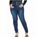 Plus Size Button Up Slim Skinny Dark Blue Full Length Jeans 4XL 5XL Women High Waist Stretch Thin Denim Pants Lady Trousers