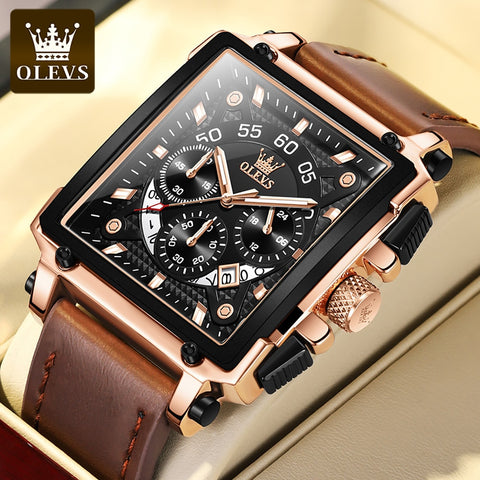 OLEVS Original Watch for Men Top Brand Luxury Hollow Square Sport Watches Fashion Leather Strap Waterproof Quartz Wristwatch