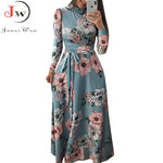 Women Summer Long Dress 2022 Casual Long Sleeve Boho Floral Print Maxi Dress Turtleneck Bandage Elegant Party Dresses Vestidos