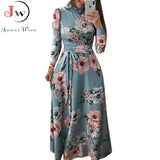 Women Summer Long Dress 2022 Casual Long Sleeve Boho Floral Print Maxi Dress Turtleneck Bandage Elegant Party Dresses Vestidos