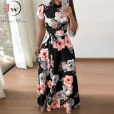 Women Summer Long Dress 2022 Casual Long Sleeve Boho Floral Print Maxi Dress Turtleneck Bandage Elegant Party Dresses Vestidos