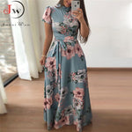 Women Summer Long Dress 2022 Casual Long Sleeve Boho Floral Print Maxi Dress Turtleneck Bandage Elegant Party Dresses Vestidos