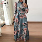 Women Summer Long Dress 2022 Casual Long Sleeve Boho Floral Print Maxi Dress Turtleneck Bandage Elegant Party Dresses Vestidos