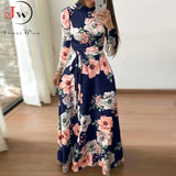 Women Summer Long Dress 2022 Casual Long Sleeve Boho Floral Print Maxi Dress Turtleneck Bandage Elegant Party Dresses Vestidos