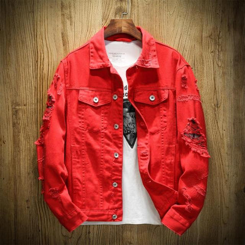 Spring Autumn New Men&#39;s Jean Jacket Slim Fit Cotton Denim Jacket Red White Black Ripped Hole Jean Coats Men Outwear Plus size