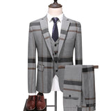 Men&#39;s Wedding Plaid Blue Gray Blazers Jacket Pants Vest 3 Pcs Set  202 Slim Fit Business Tuxedo Dress Classic Formal Suits Coat