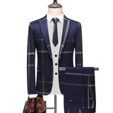 Men&#39;s Wedding Plaid Blue Gray Blazers Jacket Pants Vest 3 Pcs Set  202 Slim Fit Business Tuxedo Dress Classic Formal Suits Coat