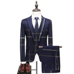 Men&#39;s Wedding Plaid Blue Gray Blazers Jacket Pants Vest 3 Pcs Set  202 Slim Fit Business Tuxedo Dress Classic Formal Suits Coat