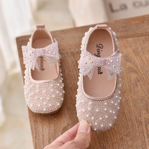 New Girls Single Princess Shoes Pearl Shallow Children&#39;s Flat Shose Kid Baby Bowknot Shoes 2022 Spring Autumn B207