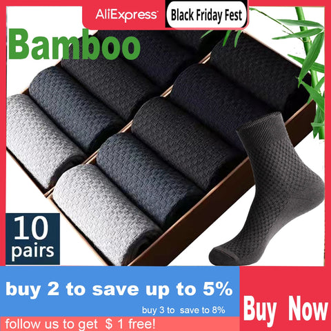 10 Pairs/Lot Men&#39;s Bamboo Fiber Socks 2022 New Compression Autumn Long Black Business Casual Man Dress Sock Gift Plus Size 42-45
