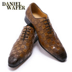 Luxury Italian Leather Dress Shoes Men Fashion Plaid Print Lace Up Black Brown Wedding Office Shoes Formal Oxford Shoes for Men