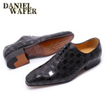 Luxury Italian Leather Dress Shoes Men Fashion Plaid Print Lace Up Black Brown Wedding Office Shoes Formal Oxford Shoes for Men