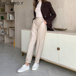 WOTWOY High Waisted Straight Leather Trousers Women Zipper-Up Casual Fleece PU Leather Pants Female Black White Autumn Pants New