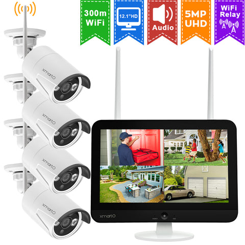 XMARTO 5MP 12.1&quot; Screen Wireless Security Camera System AC Powered(8CH 5MP NVR, 5MP Ultra HD Cameras, Hard Disk &amp; Cloud Storage)